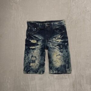 YANETTIV Mens Distressed Blue Wash Denim Shorts Ripped‎ Embellished Size 16